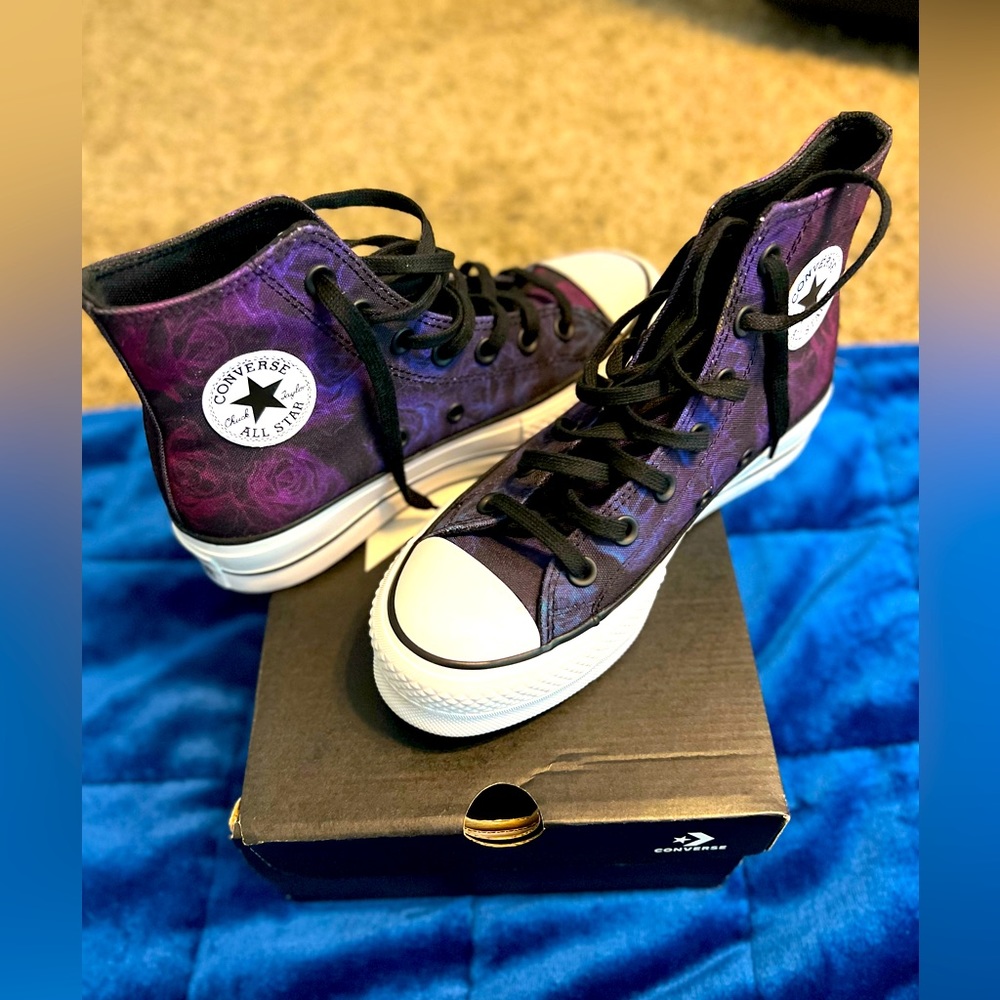 Ladies platform Converse, floral pattern, purple, pink, and black